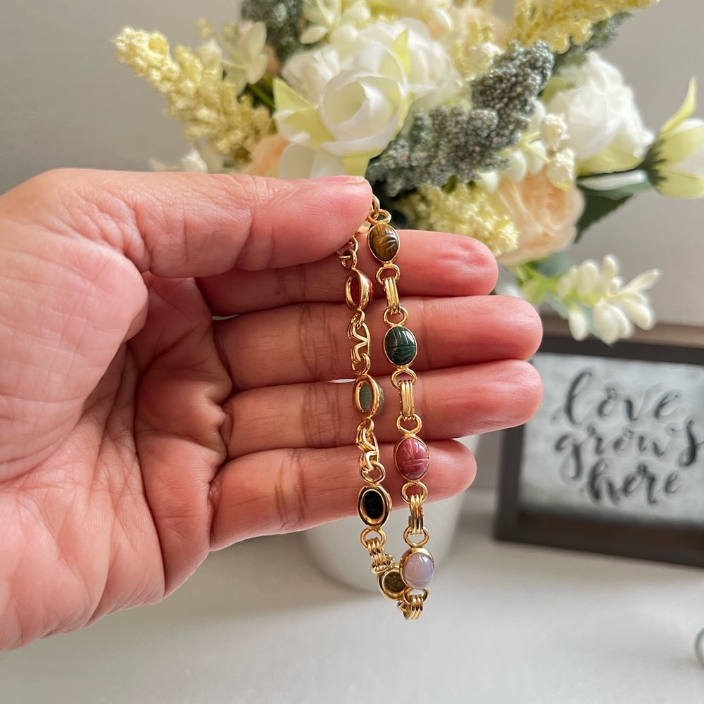 Vintage Egyptian Revival Scarab Bracelet – 12K Gold Filled & 8 Multi-Gemstone